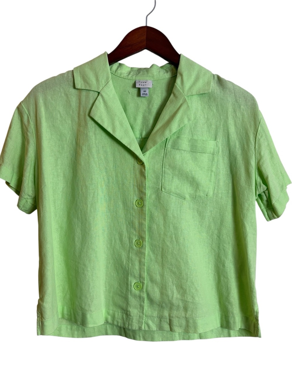 Target A New Day Green Linen Blend Short Sleeve Button Down Crop Shirt XS Casual